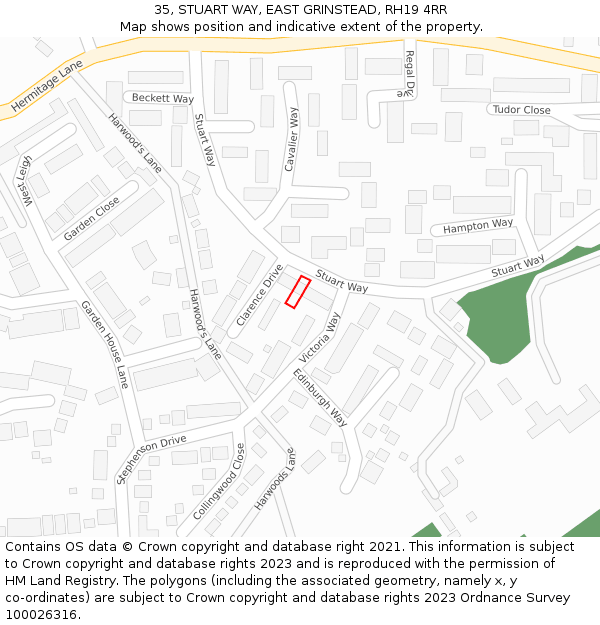 35, STUART WAY, EAST GRINSTEAD, RH19 4RR: Location map and indicative extent of plot