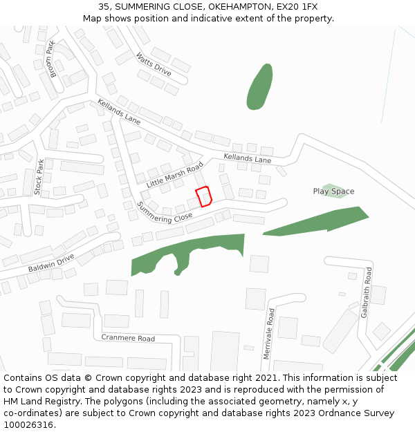 35, SUMMERING CLOSE, OKEHAMPTON, EX20 1FX: Location map and indicative extent of plot