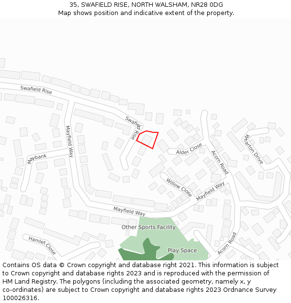 35, SWAFIELD RISE, NORTH WALSHAM, NR28 0DG: Location map and indicative extent of plot