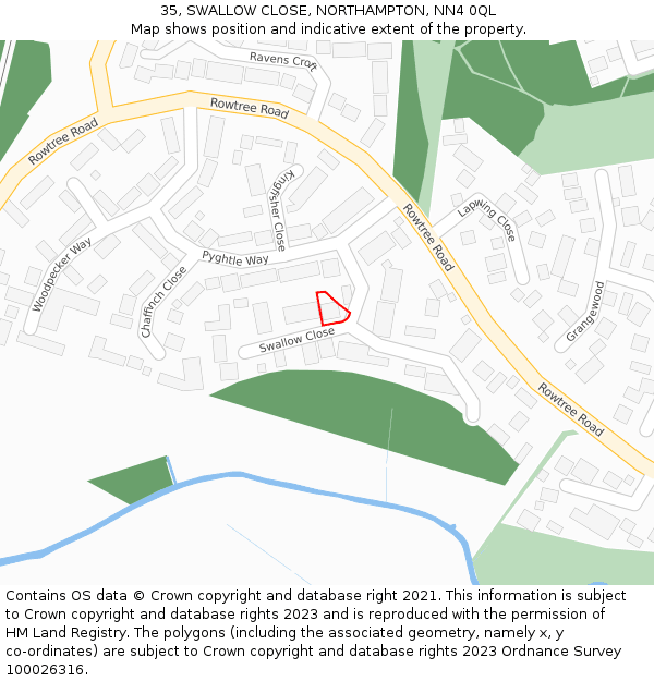 35, SWALLOW CLOSE, NORTHAMPTON, NN4 0QL: Location map and indicative extent of plot
