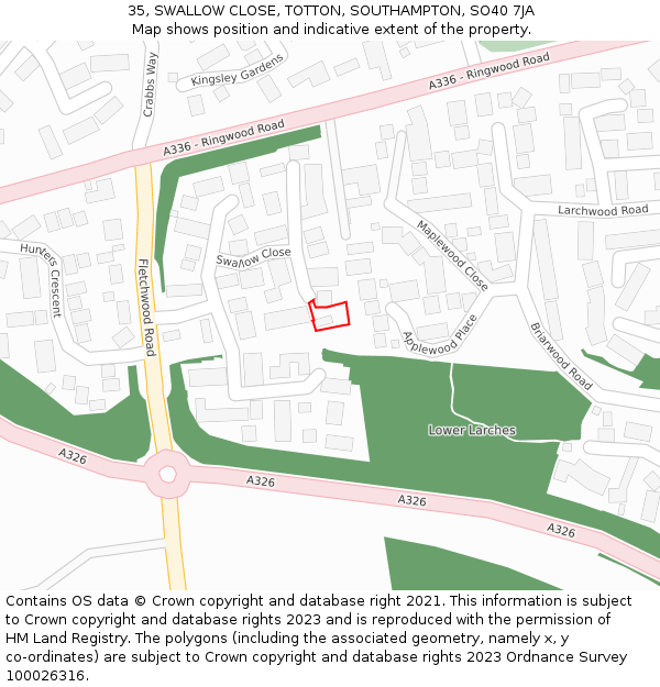 35, SWALLOW CLOSE, TOTTON, SOUTHAMPTON, SO40 7JA: Location map and indicative extent of plot