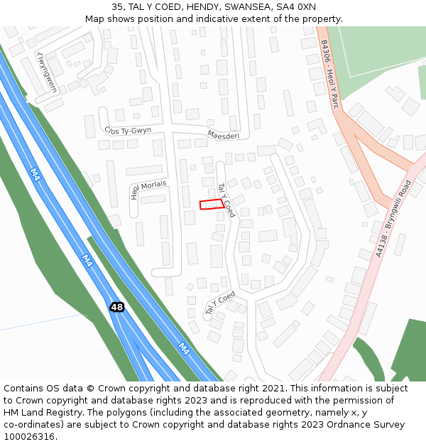 35, TAL Y COED, HENDY, SWANSEA, SA4 0XN: Location map and indicative extent of plot