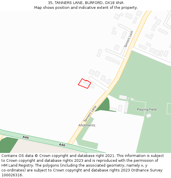 35, TANNERS LANE, BURFORD, OX18 4NA: Location map and indicative extent of plot