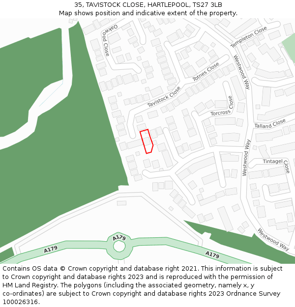 35, TAVISTOCK CLOSE, HARTLEPOOL, TS27 3LB: Location map and indicative extent of plot