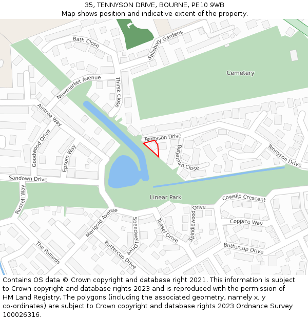 35, TENNYSON DRIVE, BOURNE, PE10 9WB: Location map and indicative extent of plot