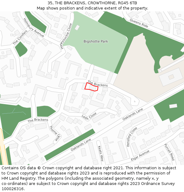 35, THE BRACKENS, CROWTHORNE, RG45 6TB: Location map and indicative extent of plot