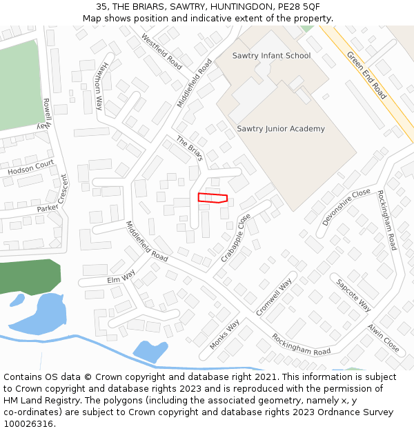 35, THE BRIARS, SAWTRY, HUNTINGDON, PE28 5QF: Location map and indicative extent of plot