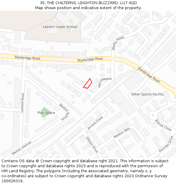 35, THE CHILTERNS, LEIGHTON BUZZARD, LU7 4QD: Location map and indicative extent of plot
