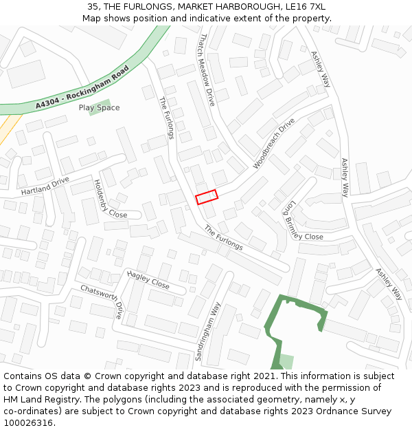 35, THE FURLONGS, MARKET HARBOROUGH, LE16 7XL: Location map and indicative extent of plot