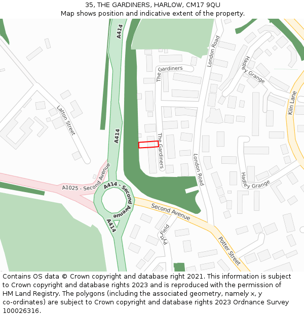 35, THE GARDINERS, HARLOW, CM17 9QU: Location map and indicative extent of plot