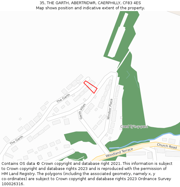 35, THE GARTH, ABERTRIDWR, CAERPHILLY, CF83 4ES: Location map and indicative extent of plot