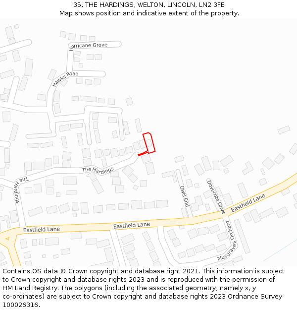 35, THE HARDINGS, WELTON, LINCOLN, LN2 3FE: Location map and indicative extent of plot