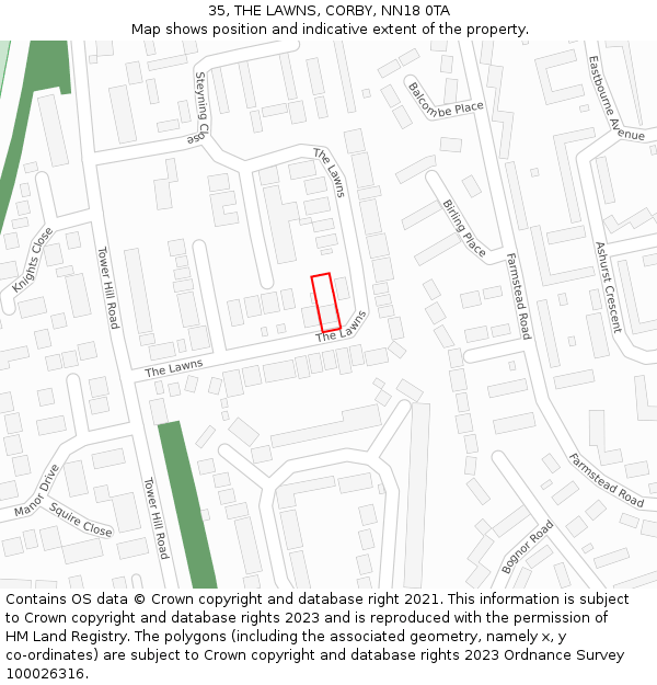 35, THE LAWNS, CORBY, NN18 0TA: Location map and indicative extent of plot