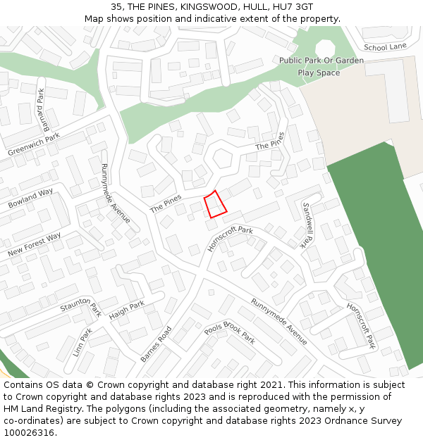 35, THE PINES, KINGSWOOD, HULL, HU7 3GT: Location map and indicative extent of plot