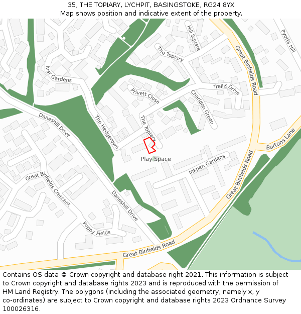 35, THE TOPIARY, LYCHPIT, BASINGSTOKE, RG24 8YX: Location map and indicative extent of plot