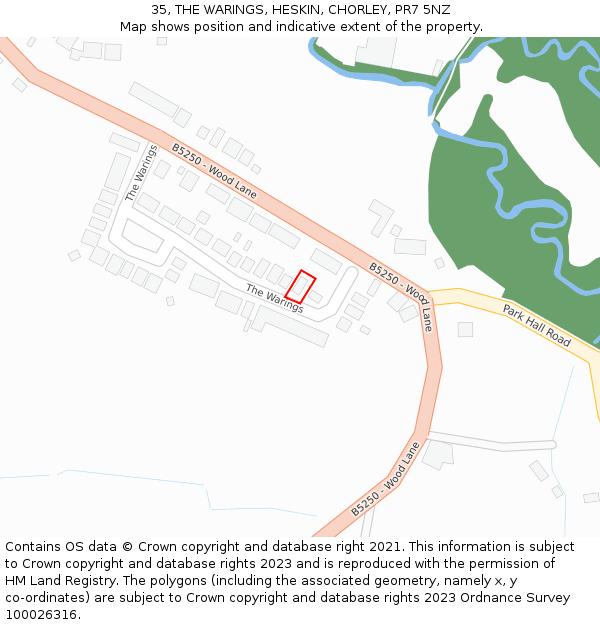 35, THE WARINGS, HESKIN, CHORLEY, PR7 5NZ: Location map and indicative extent of plot