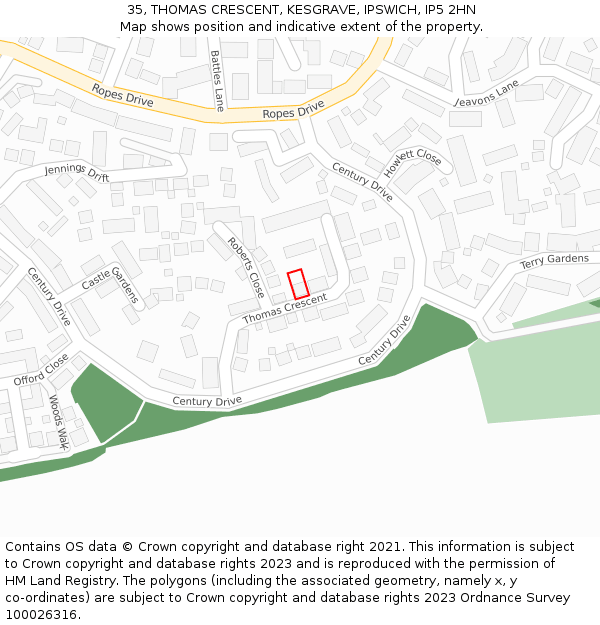 35, THOMAS CRESCENT, KESGRAVE, IPSWICH, IP5 2HN: Location map and indicative extent of plot