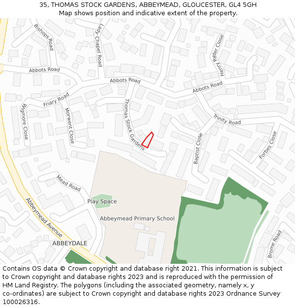 35, THOMAS STOCK GARDENS, ABBEYMEAD, GLOUCESTER, GL4 5GH: Location map and indicative extent of plot