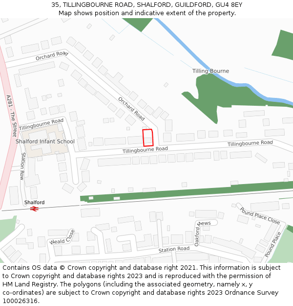 35, TILLINGBOURNE ROAD, SHALFORD, GUILDFORD, GU4 8EY: Location map and indicative extent of plot