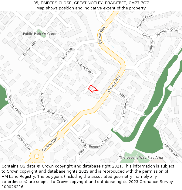 35, TIMBERS CLOSE, GREAT NOTLEY, BRAINTREE, CM77 7GZ: Location map and indicative extent of plot