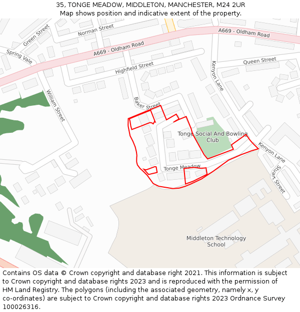 35, TONGE MEADOW, MIDDLETON, MANCHESTER, M24 2UR: Location map and indicative extent of plot