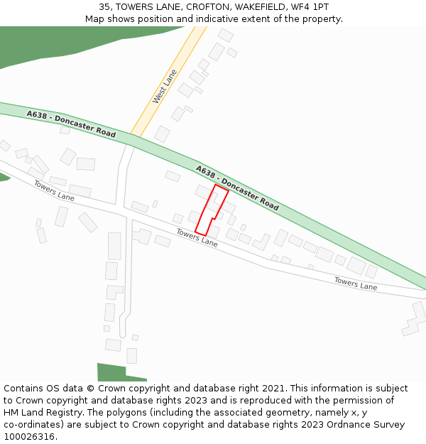35, TOWERS LANE, CROFTON, WAKEFIELD, WF4 1PT: Location map and indicative extent of plot