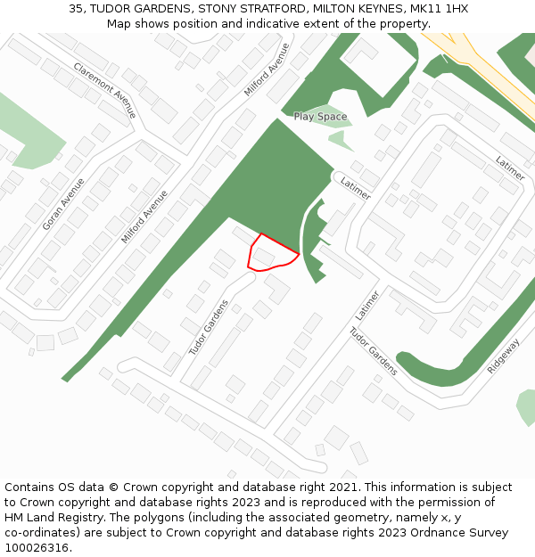 35, TUDOR GARDENS, STONY STRATFORD, MILTON KEYNES, MK11 1HX: Location map and indicative extent of plot