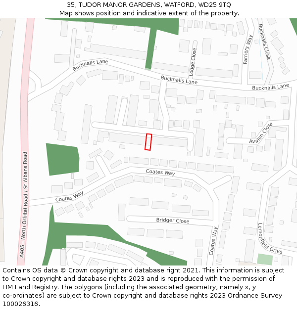 35, TUDOR MANOR GARDENS, WATFORD, WD25 9TQ: Location map and indicative extent of plot