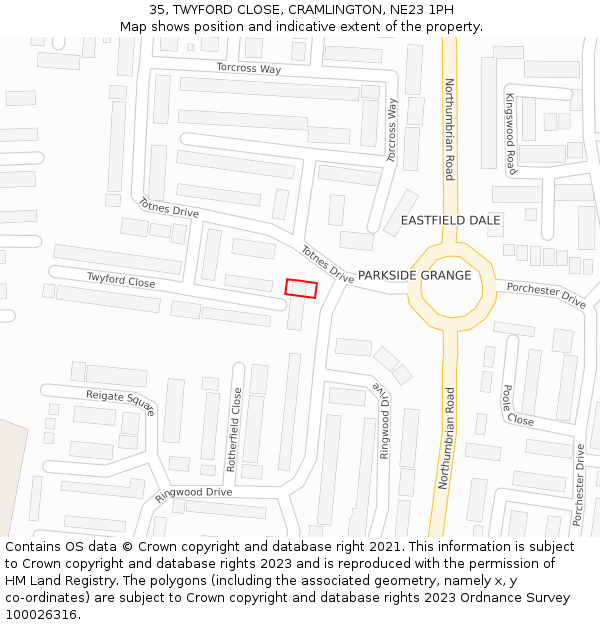 35, TWYFORD CLOSE, CRAMLINGTON, NE23 1PH: Location map and indicative extent of plot