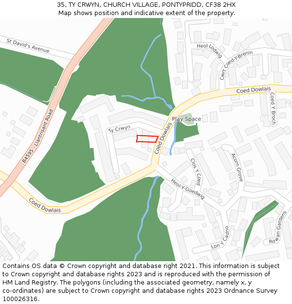 35, TY CRWYN, CHURCH VILLAGE, PONTYPRIDD, CF38 2HX: Location map and indicative extent of plot