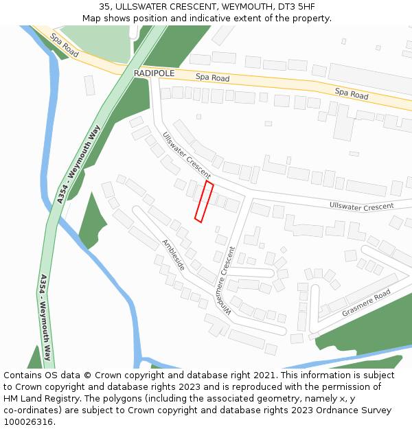 35, ULLSWATER CRESCENT, WEYMOUTH, DT3 5HF: Location map and indicative extent of plot