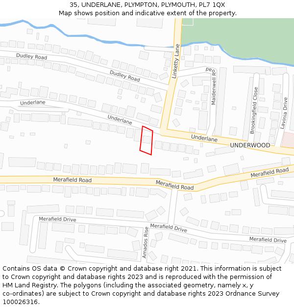 35, UNDERLANE, PLYMPTON, PLYMOUTH, PL7 1QX: Location map and indicative extent of plot