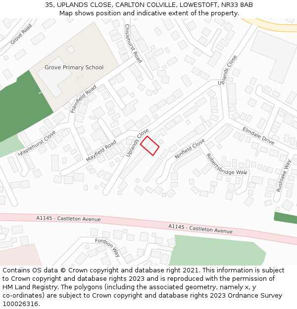 35, UPLANDS CLOSE, CARLTON COLVILLE, LOWESTOFT, NR33 8AB: Location map and indicative extent of plot