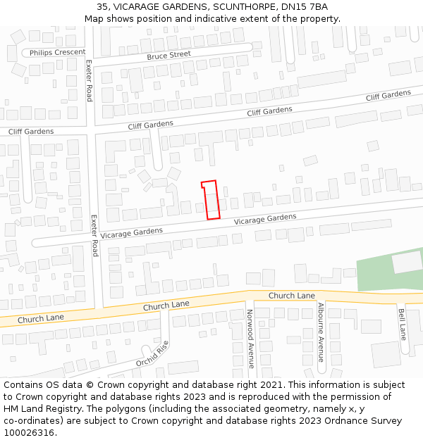 35, VICARAGE GARDENS, SCUNTHORPE, DN15 7BA: Location map and indicative extent of plot