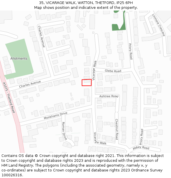 35, VICARAGE WALK, WATTON, THETFORD, IP25 6PH: Location map and indicative extent of plot