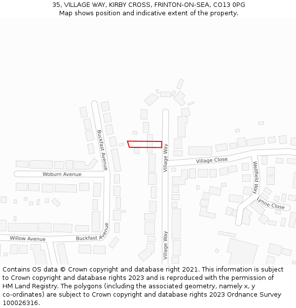 35, VILLAGE WAY, KIRBY CROSS, FRINTON-ON-SEA, CO13 0PG: Location map and indicative extent of plot