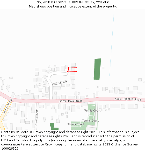 35, VINE GARDENS, BUBWITH, SELBY, YO8 6LP: Location map and indicative extent of plot