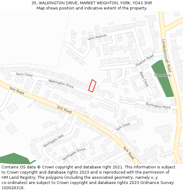 35, WALKINGTON DRIVE, MARKET WEIGHTON, YORK, YO43 3NR: Location map and indicative extent of plot