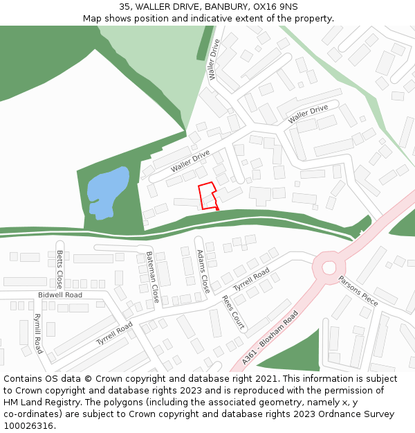 35, WALLER DRIVE, BANBURY, OX16 9NS: Location map and indicative extent of plot