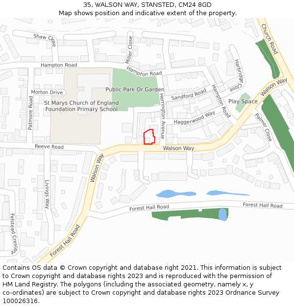 35, WALSON WAY, STANSTED, CM24 8GD: Location map and indicative extent of plot