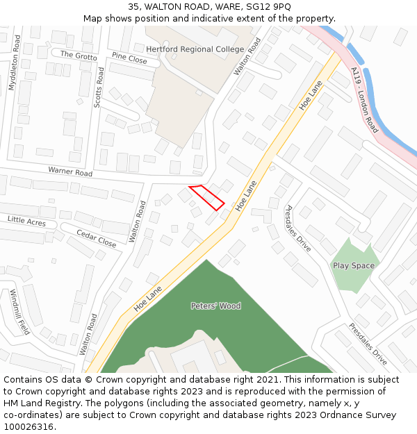 35, WALTON ROAD, WARE, SG12 9PQ: Location map and indicative extent of plot