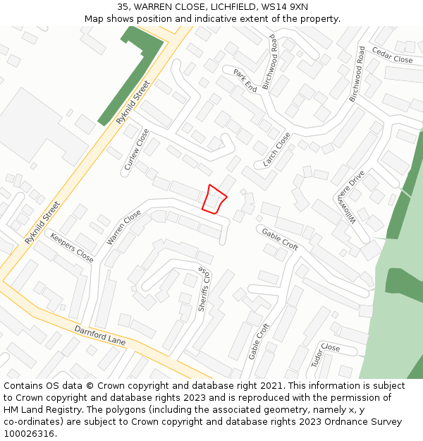 35, WARREN CLOSE, LICHFIELD, WS14 9XN: Location map and indicative extent of plot