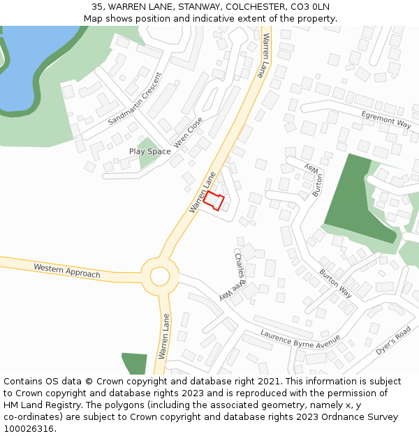 35, WARREN LANE, STANWAY, COLCHESTER, CO3 0LN: Location map and indicative extent of plot