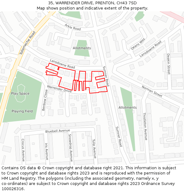 35, WARRENDER DRIVE, PRENTON, CH43 7SD: Location map and indicative extent of plot