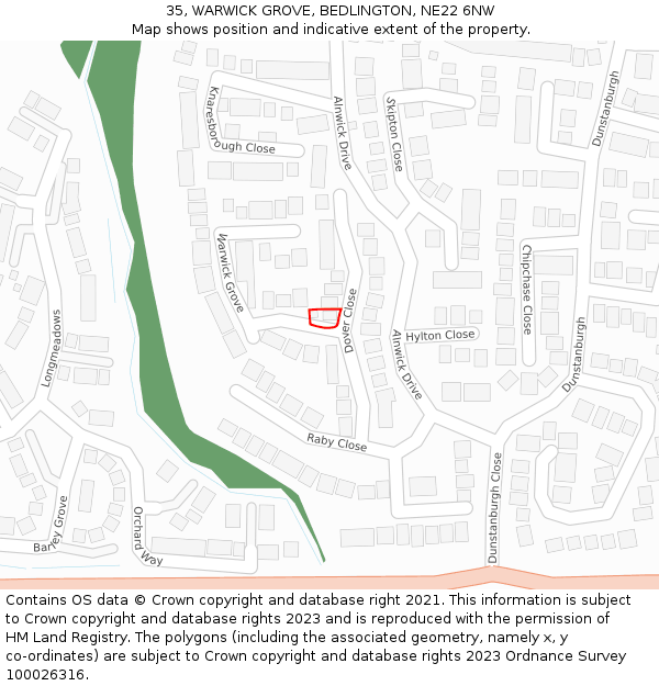 35, WARWICK GROVE, BEDLINGTON, NE22 6NW: Location map and indicative extent of plot