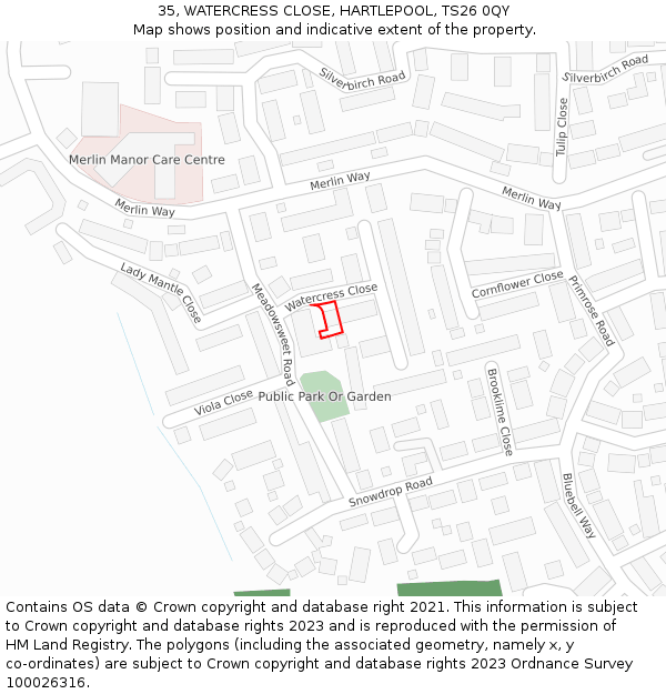 35, WATERCRESS CLOSE, HARTLEPOOL, TS26 0QY: Location map and indicative extent of plot