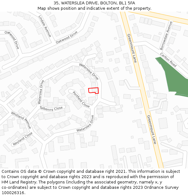 35, WATERSLEA DRIVE, BOLTON, BL1 5FA: Location map and indicative extent of plot