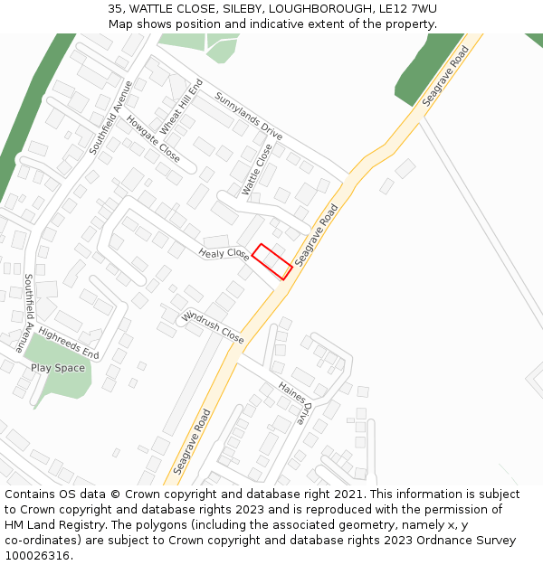 35, WATTLE CLOSE, SILEBY, LOUGHBOROUGH, LE12 7WU: Location map and indicative extent of plot