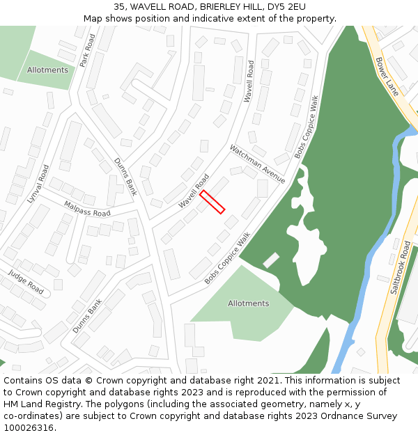 35, WAVELL ROAD, BRIERLEY HILL, DY5 2EU: Location map and indicative extent of plot