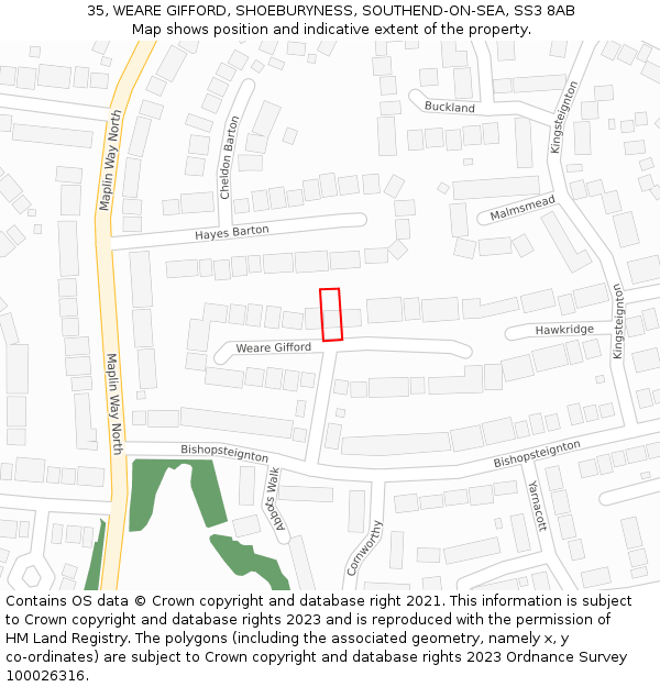 35, WEARE GIFFORD, SHOEBURYNESS, SOUTHEND-ON-SEA, SS3 8AB: Location map and indicative extent of plot